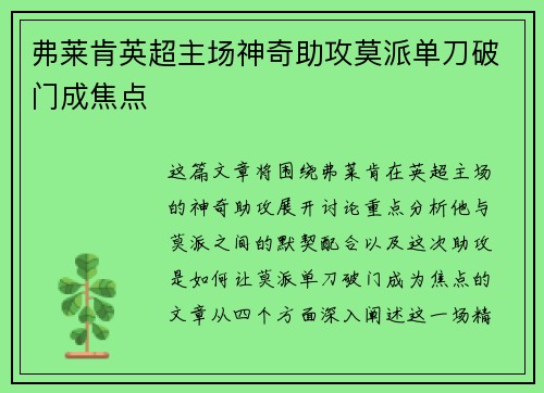 弗莱肯英超主场神奇助攻莫派单刀破门成焦点